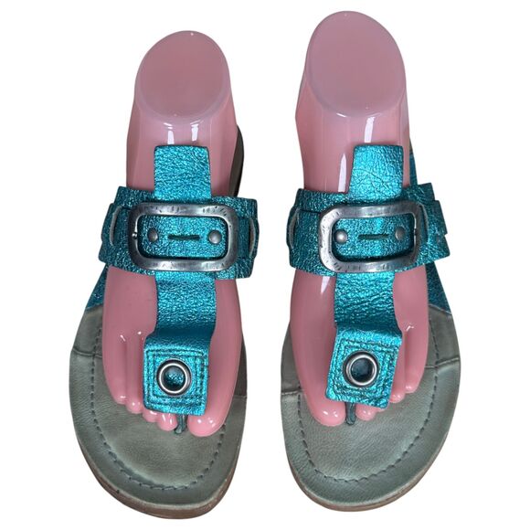 A.S. 98 Teal Blue Leather Embossed Silver Flip Flop Thong Sandals EU 38 US 7.5-8
